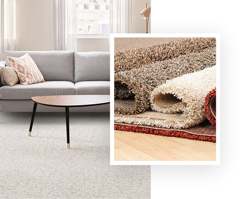 A modern living room with a gray sofa, round coffee table, and neutral carpet by State Floors. Inset shows several rolled-up rugs in various colors and textures on beautiful wooden flooring, inspired by Rhode Island design.