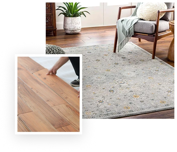 A hand installs wooden flooring from State Floors; next to it, a modern Rhode Island living room features the wood floor with a light patterned rug, a chair, a throw blanket, and a potted plant.