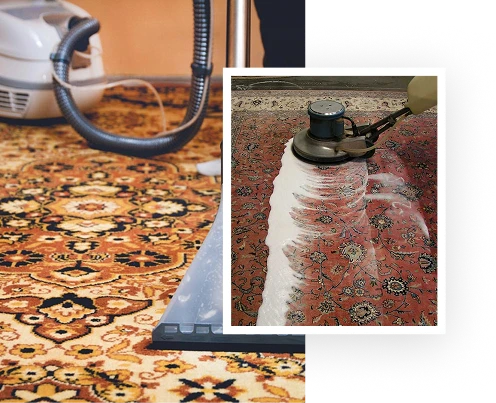 A vacuum cleaner cleans a patterned carpet, while an inset shows a rotary machine scrubbing a similar carpet at State Floors in Rhode Island, creating a visible clean path.