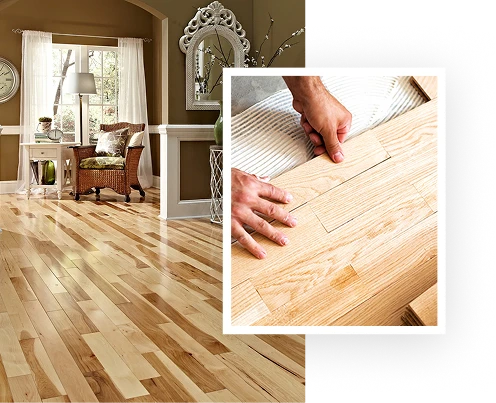 A bright room with polished hardwood floors from State Floors, wicker furniture, and a large window. Inset shows hands installing or repairing a wooden floor panel in a Rhode Island home.