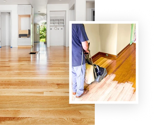 A bright room with newly finished wooden floors by State Floors, and an inset image showing a person sanding a wooden floor with a floor sander, partially refinished section visible—expert flooring services in Rhode Island.