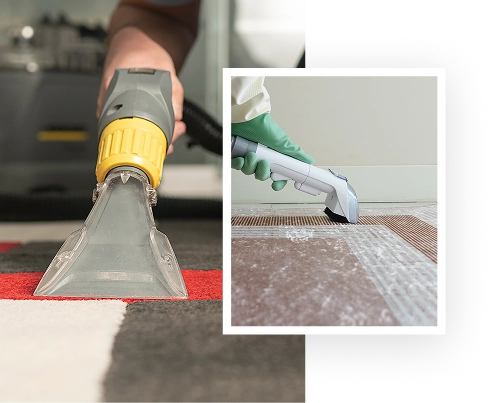 Close-up of a hand using a carpet cleaning machine on patterned flooring, with an inset showing a gloved hand cleaning carpet with a handheld extractor—showcasing quality care from State Floors in Rhode Island.
