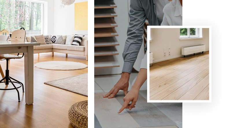 A collage showing a modern living room with light wooden flooring by State Floors, a person choosing wood samples, and a close-up of light wood floor planks in a bright Rhode Island home.