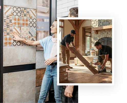 A woman points at patterned tiles on a display at State Floors, while an inset image shows two men cutting a wooden beam inside a Rhode Island home under renovation.